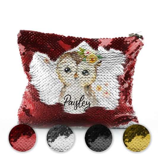 Personalised Sequin Zip Bag with Brown Owl Yellow Flowers and Cute Text