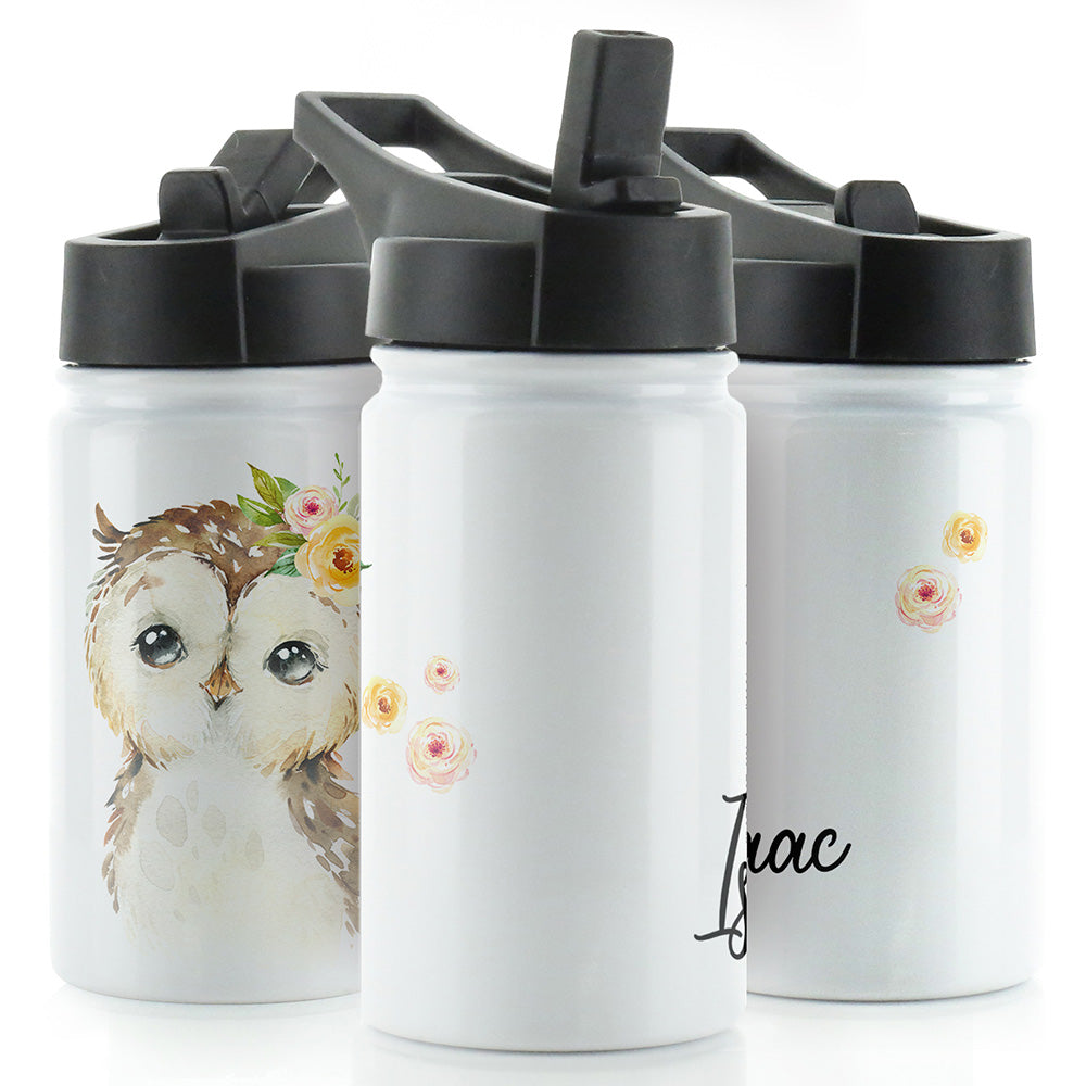 Personalised Owl Yellow Flowers and Name White Sports Flask