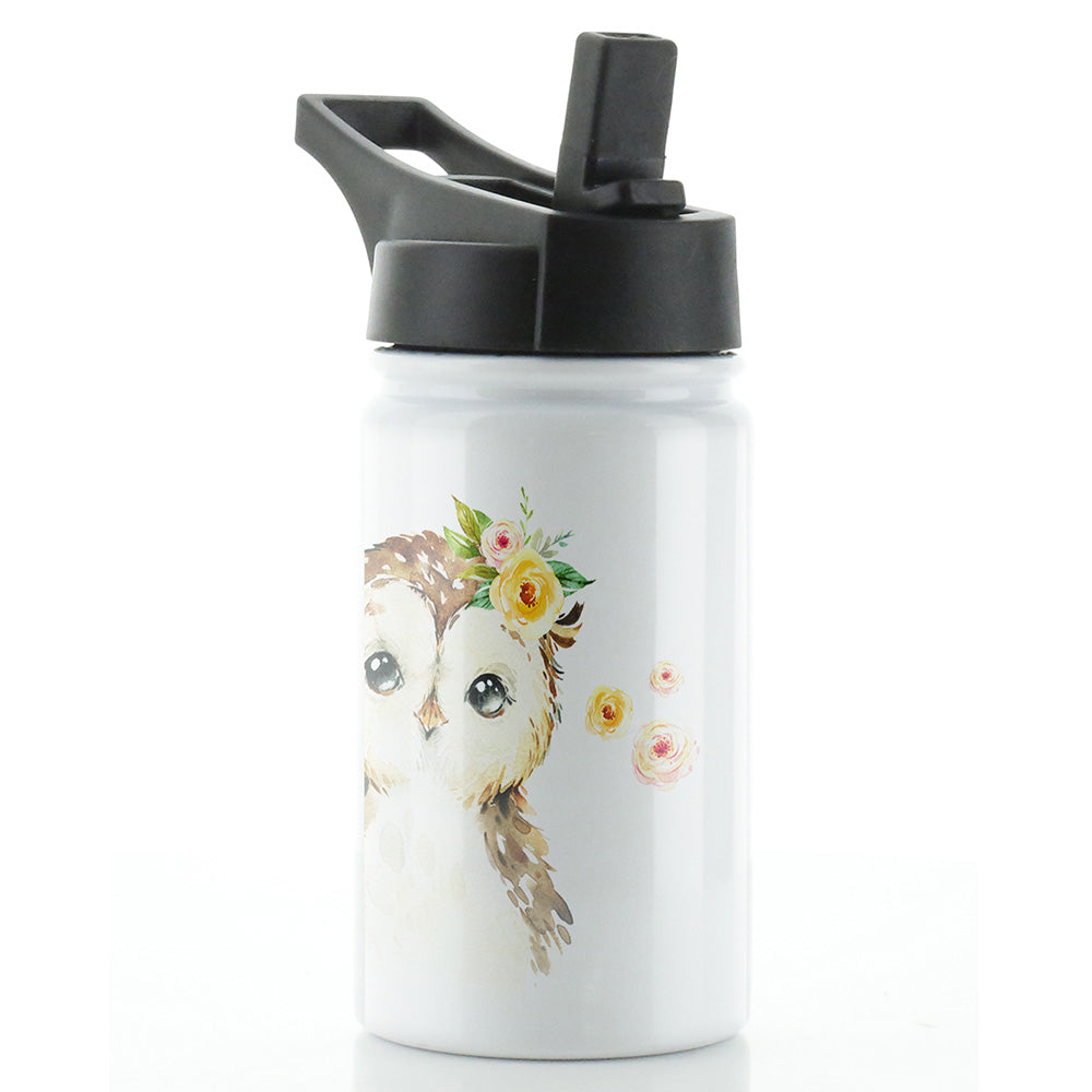 Personalised Owl Yellow Flowers and Name White Sports Flask