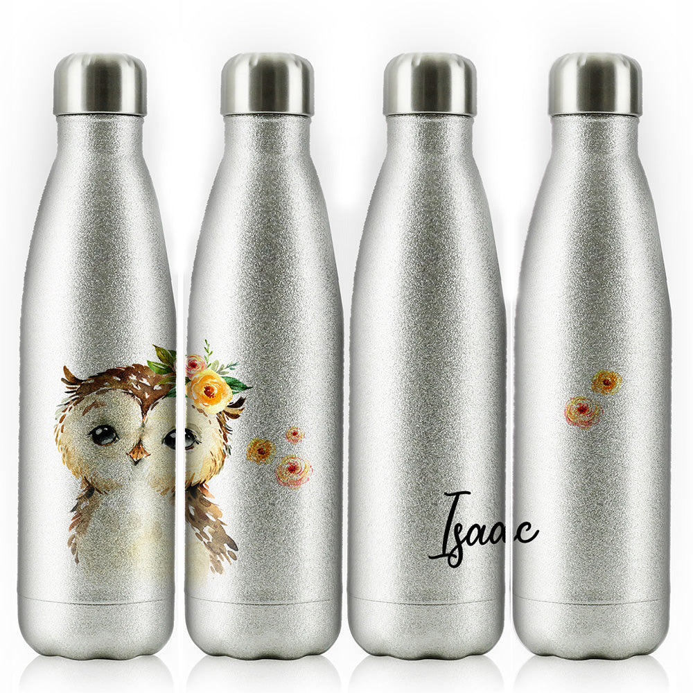 Personalised Owl Yellow Flowers and Name Cola Bottle