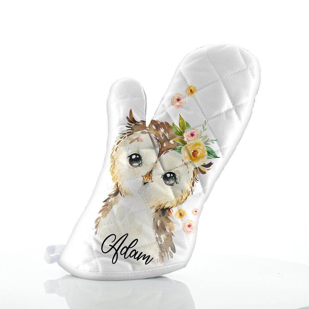 Personalised Owl Yellow Flowers and Name Oven Glove