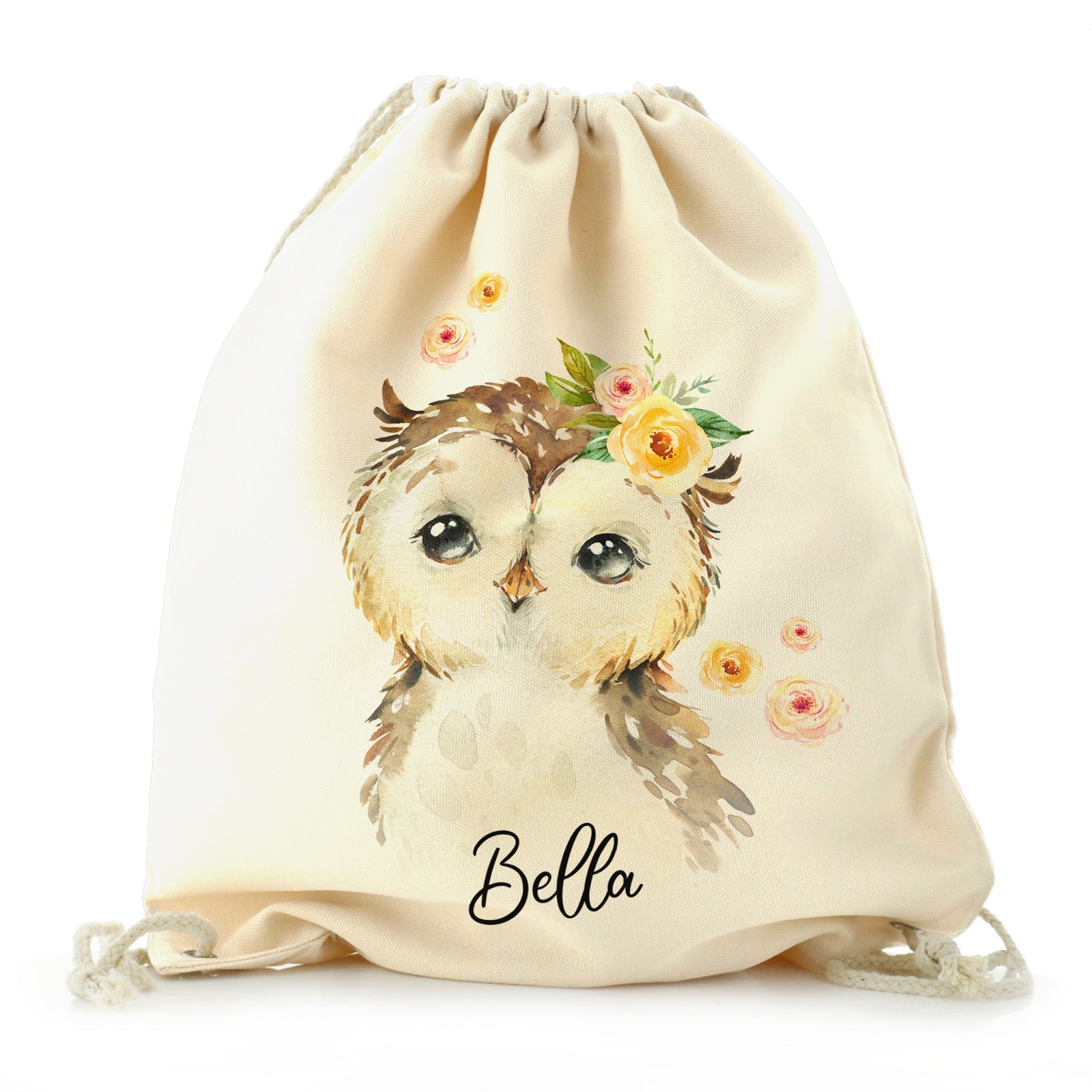 Personalised Canvas Drawstring Backpack with Brown Owl Yellow Flowers and Cute Text