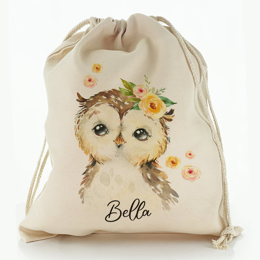 Personalised Canvas Sack with Brown Owl Yellow Flowers and Cute Text
