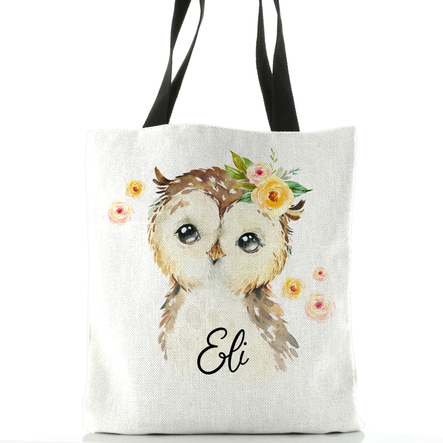Personalised White Tote Bag with Brown Owl Yellow Flowers and Cute Text