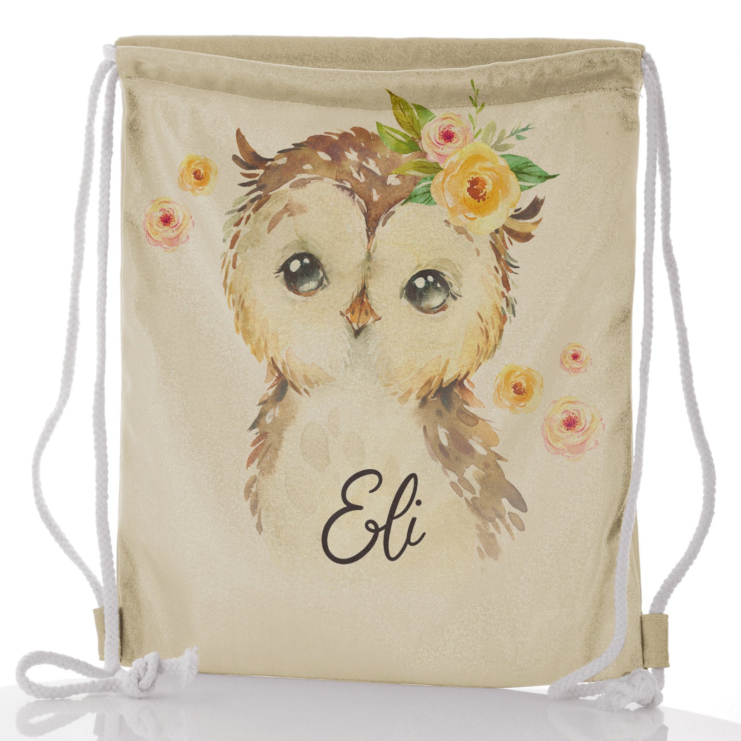 Personalised Glitter Drawstring Backpack with Brown Owl Yellow Flowers and Cute Text
