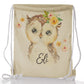 Personalised Glitter Drawstring Backpack with Brown Owl Yellow Flowers and Cute Text