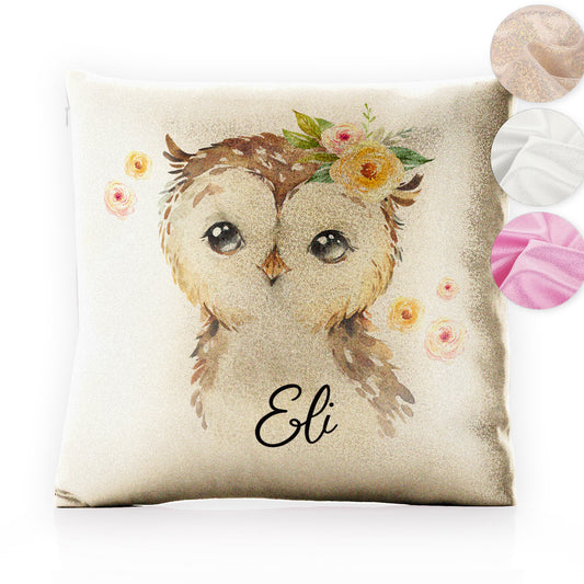 Personalised Glitter Cushion with Brown Owl Yellow Flowers and Cute Text