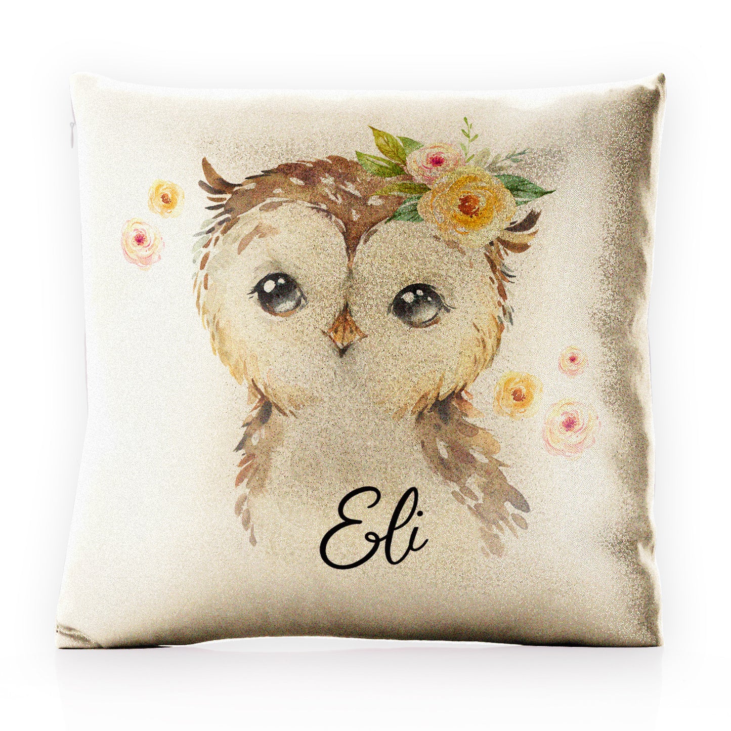 Personalised Glitter Cushion with Brown Owl Yellow Flowers and Cute Text