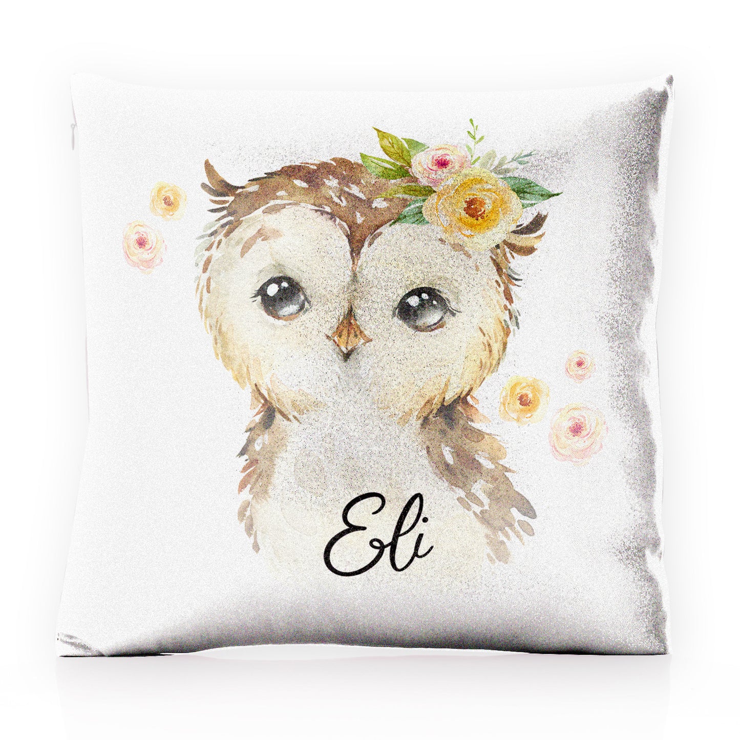 Personalised Glitter Cushion with Brown Owl Yellow Flowers and Cute Text