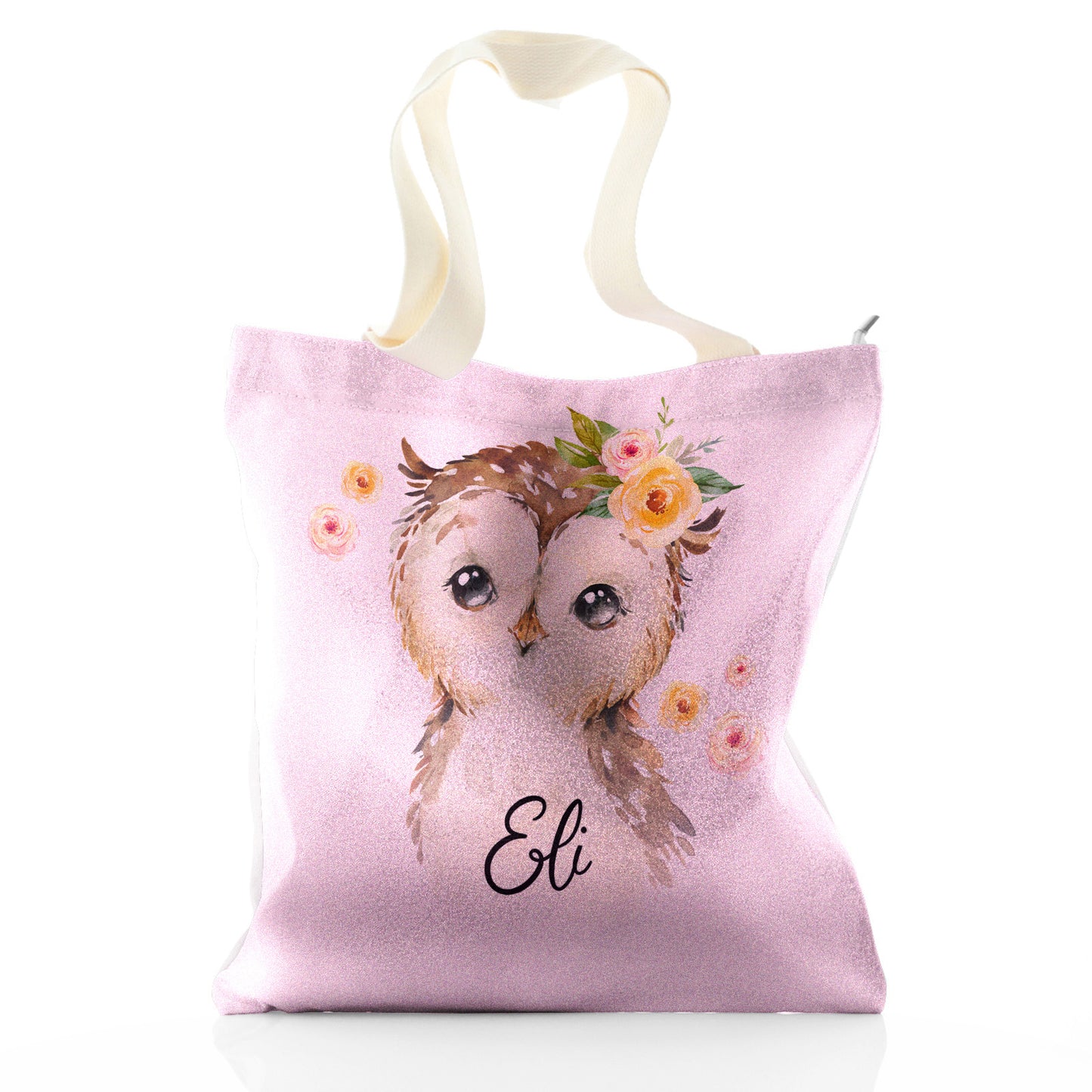 Personalised Glitter Tote Bag with Brown Owl Yellow Flowers and Cute Text