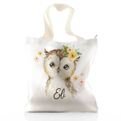 Personalised Glitter Tote Bag with Brown Owl Yellow Flowers and Cute Text