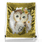 Personalisierter Pailletten-Rucksack mit Kordelzug, braunen Eulen, gelben Blumen und niedlichem Text
