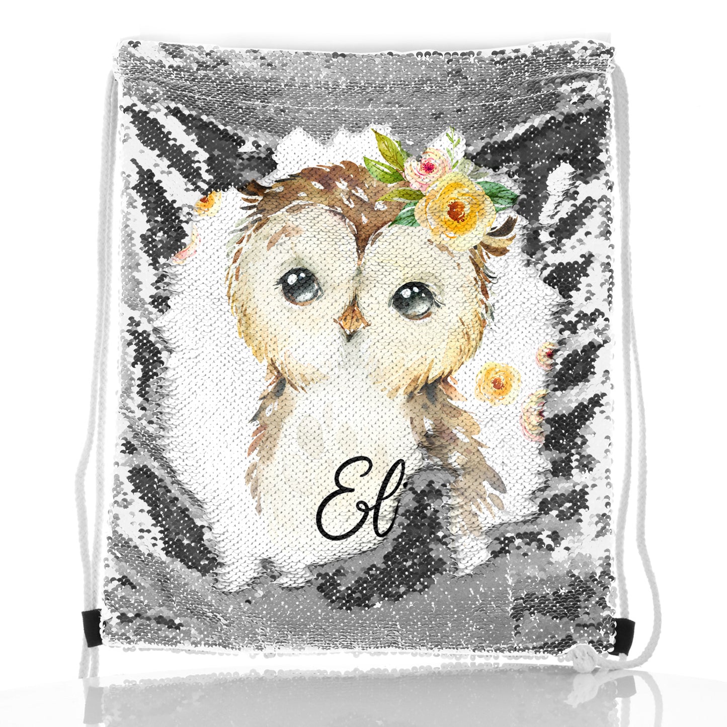 Personalised Sequin Drawstring Backpack with Brown Owl Yellow Flowers and Cute Text