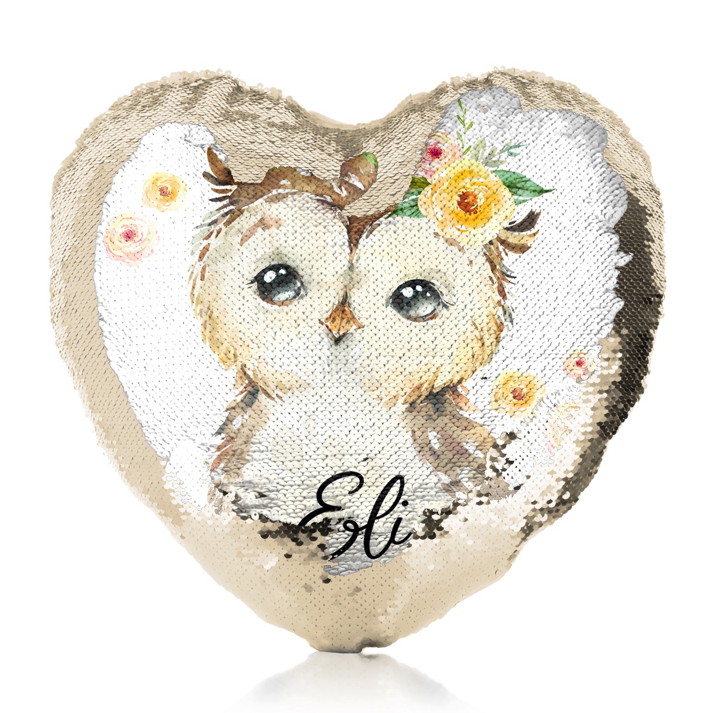 Personalised Sequin Heart Cushion with Brown Owl Yellow Flowers and Cute Text