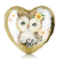 Personalised Sequin Heart Cushion with Brown Owl Yellow Flowers and Cute Text