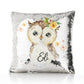 Personalised Sequin Cushion with Brown Owl Yellow Flowers and Cute Text