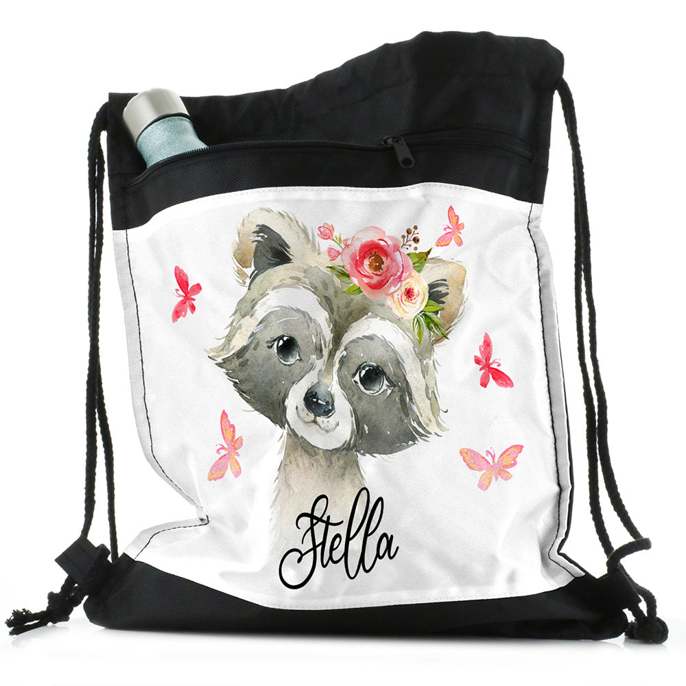Personalised Raccoon Pink Glitter Flowers and Name Black Drawstring Backpack