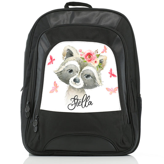 Personalised Large Multifunction Backpack with Raccoon Pink Butterfly Flowers and Cute Text