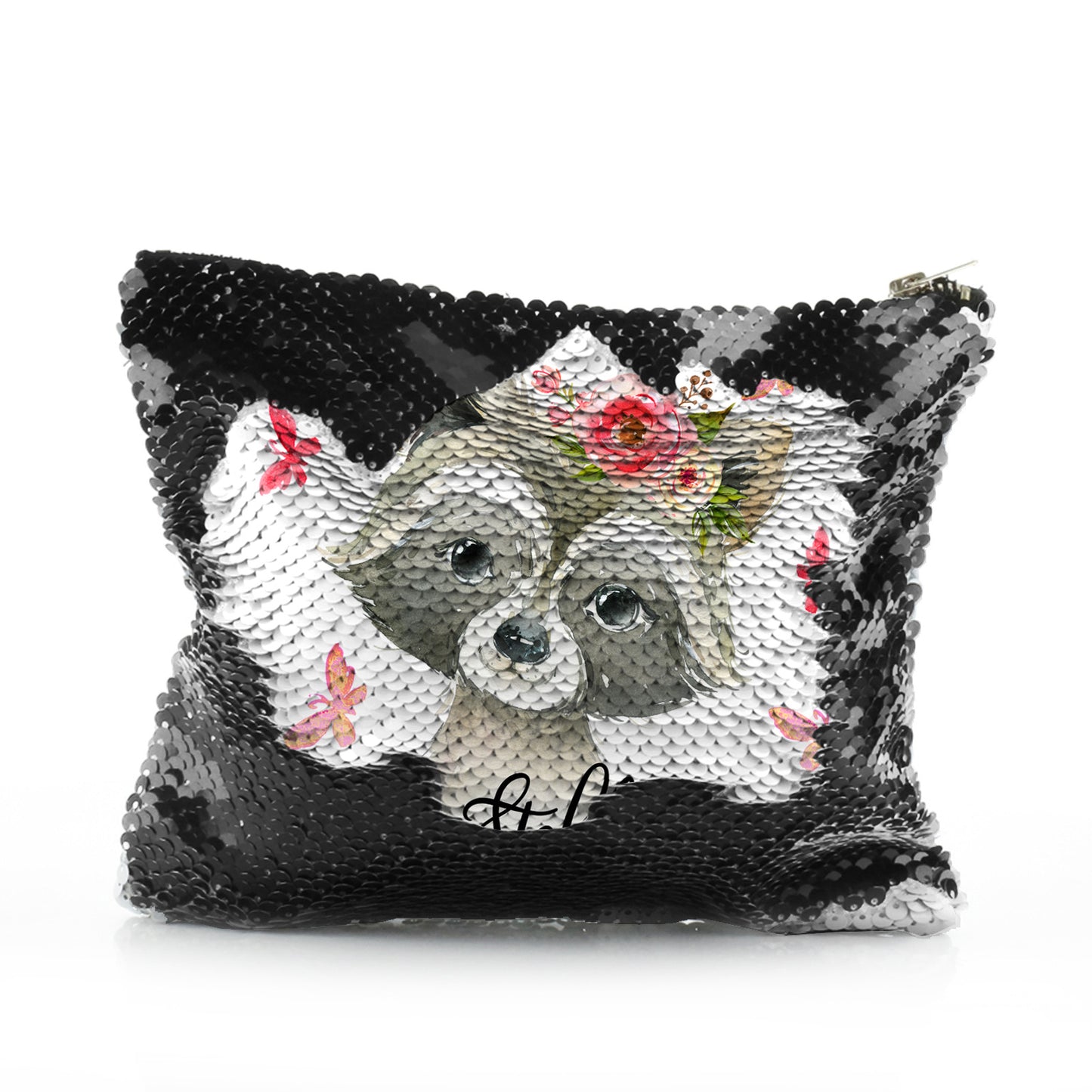Personalisierte Pailletten-Reißverschlusstasche mit waschbärrosa Schmetterlingsblumen und süßem Text