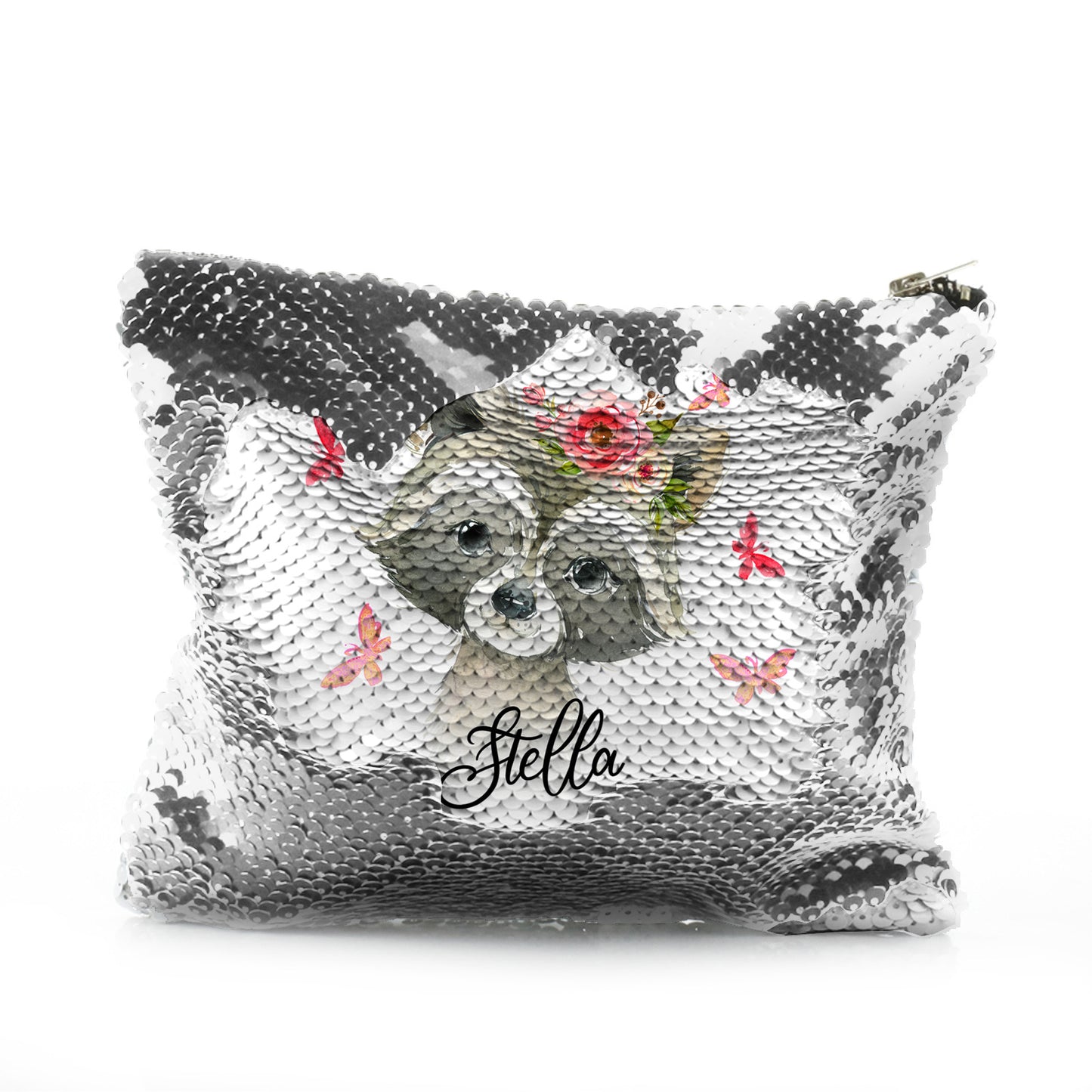 Personalised Sequin Zip Bag with Raccoon Pink Butterfly Flowers and Cute Text