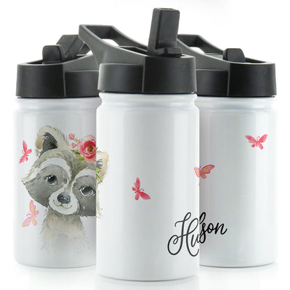 Personalised Raccoon Butterfly and Name White Sports Flask