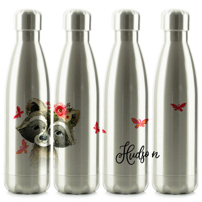 Personalised Raccoon Pink Glitter Flowers and Name Cola Bottle