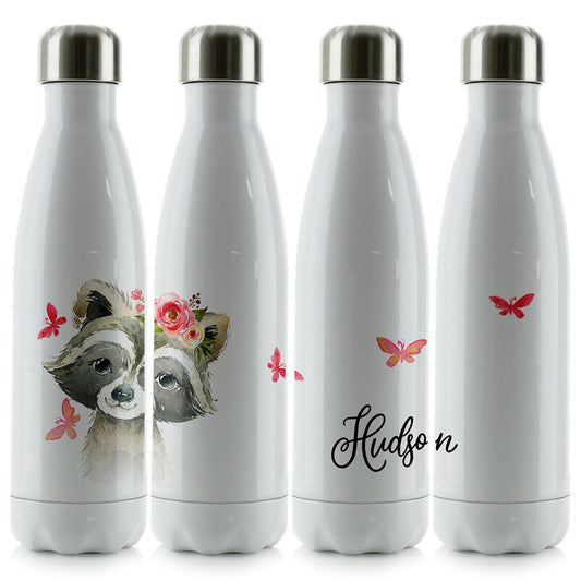 Personalised Raccoon Pink Glitter Flowers and Name Cola Bottle