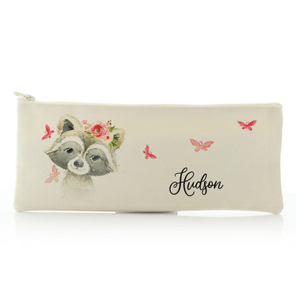 Personalised Canvas Zip Bag with Raccoon Pink Butterfly Flowers and Cute Text