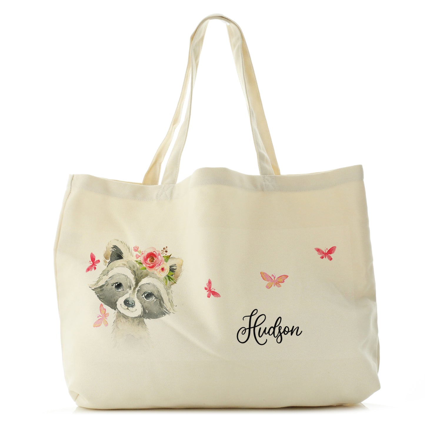 Personalised Canvas Tote Bag with Raccoon Pink Butterfly Flowers and Cute Text