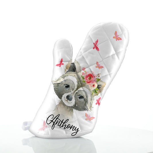 Personalised Raccoon Pink Flowers and Name Oven Glove