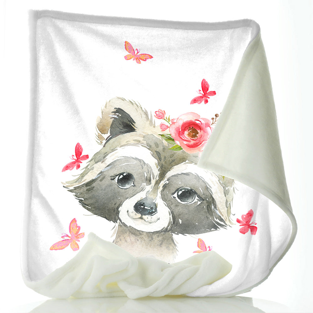 Personalised Raccoon Pink Glitter Flowers and Name Baby Blanket