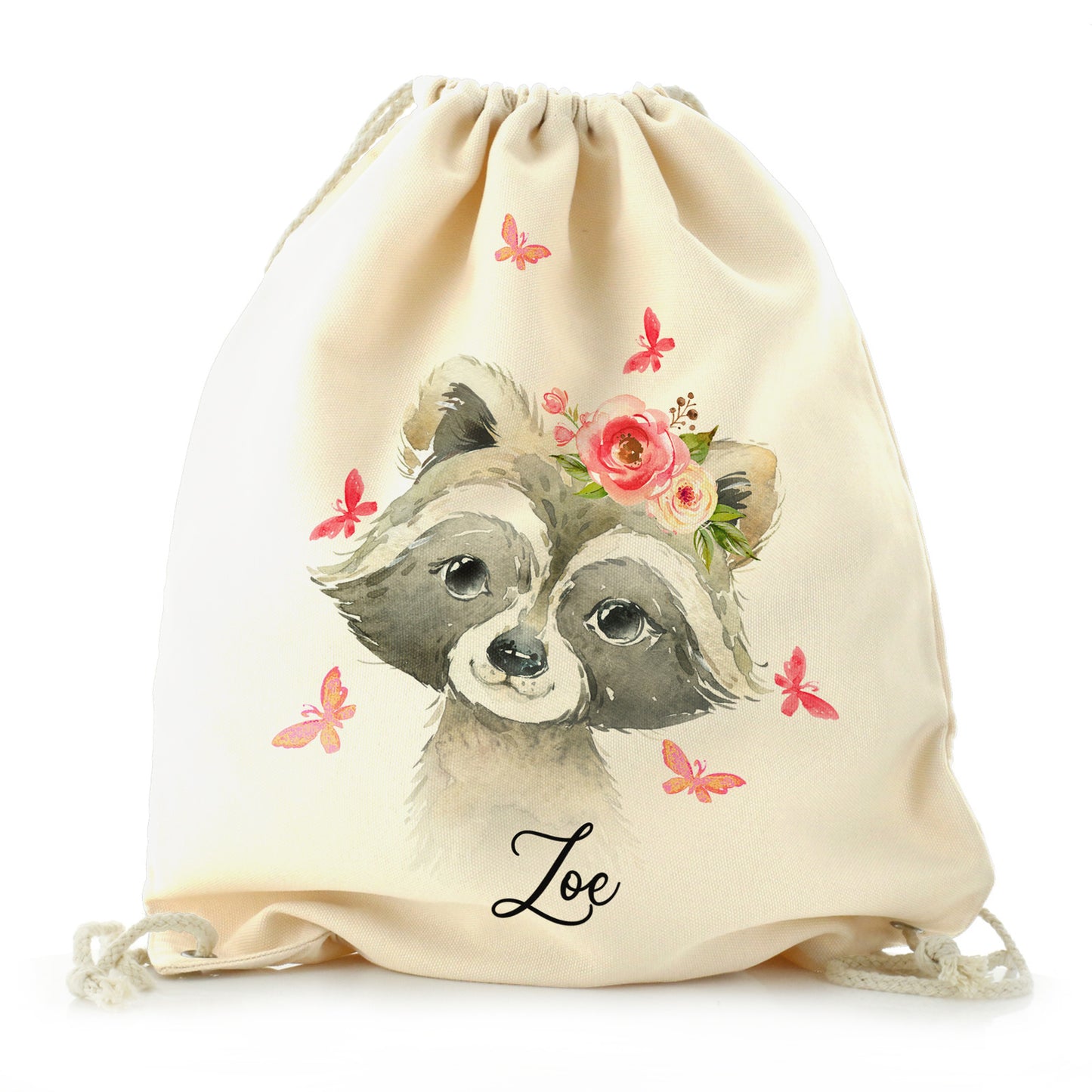 Personalised Canvas Drawstring Backpack with Raccoon Pink Butterfly Flowers and Cute Text