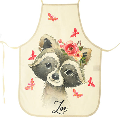 Personalised Canvas Apron with Raccoon Pink Flowers and Name Design
