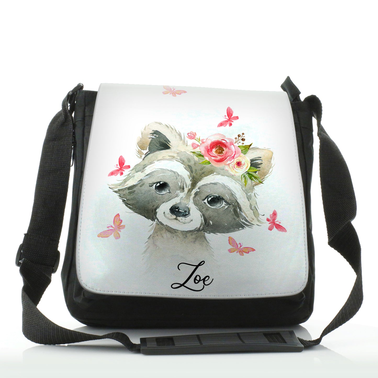 Personalised Shoulder Bag with Raccoon Pink Butterfly Flowers and Cute Text