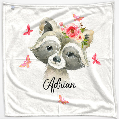 Personalised Raccoon Pink Glitter Flowers and Name Baby Blanket