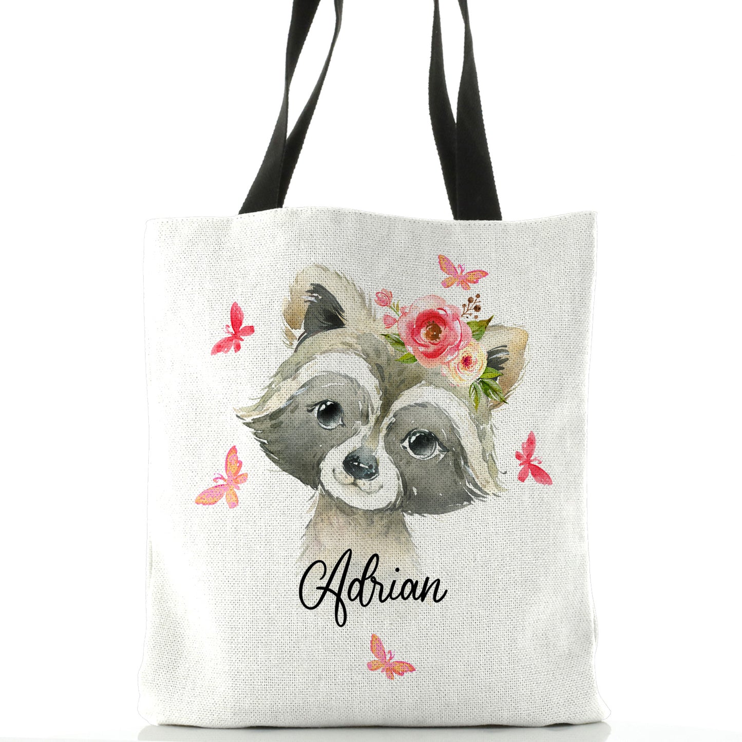Personalised White Tote Bag with Raccoon Pink Butterfly Flowers and Cute Text
