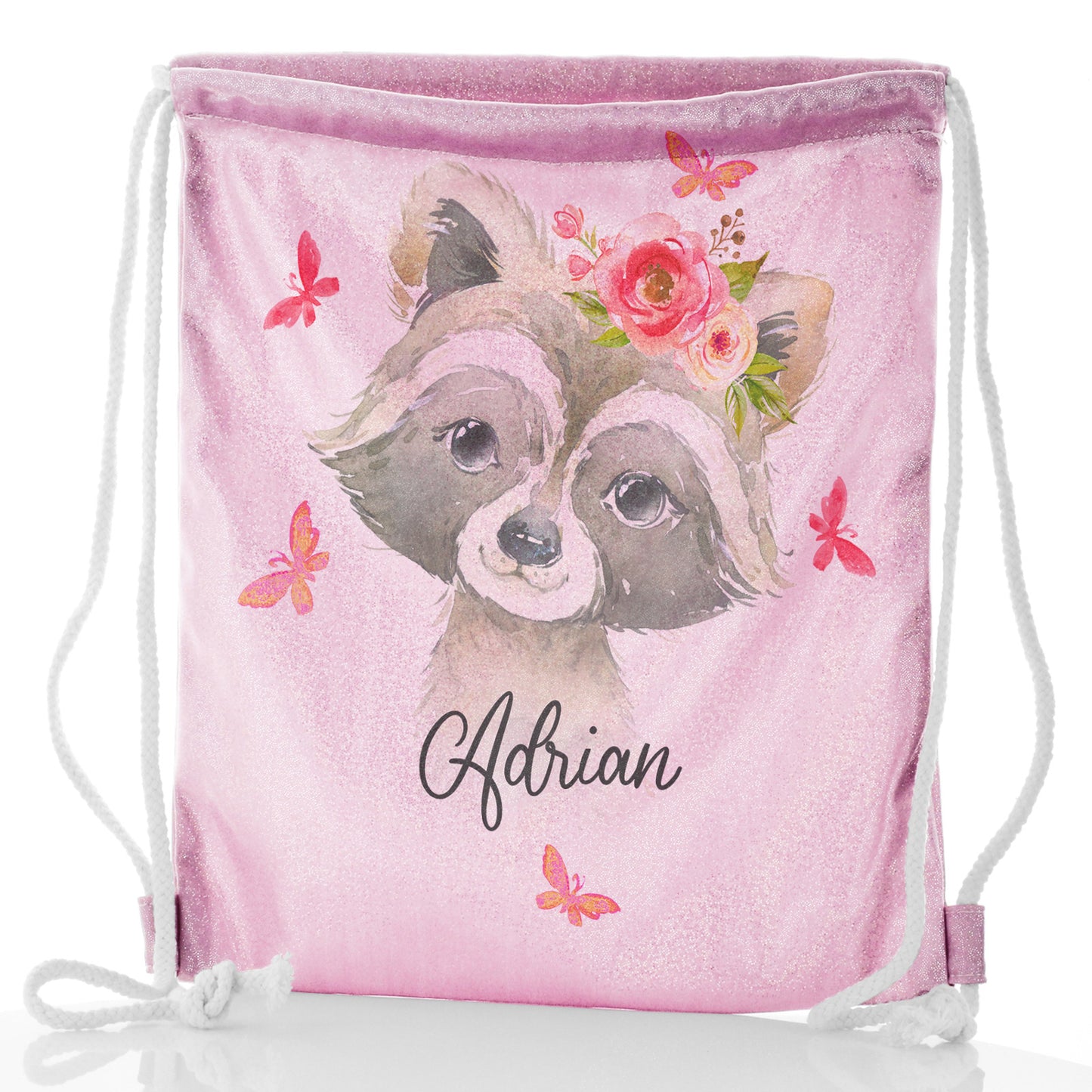 Personalised Glitter Drawstring Backpack with Raccoon Pink Butterfly Flowers and Cute Text