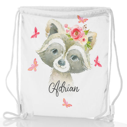 Personalised Glitter Drawstring Backpack with Raccoon Pink Butterfly Flowers and Cute Text