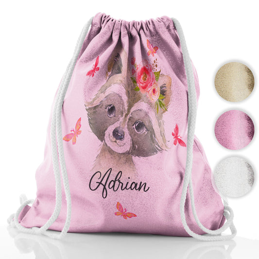 Personalised Glitter Drawstring Backpack with Raccoon Pink Butterfly Flowers and Cute Text