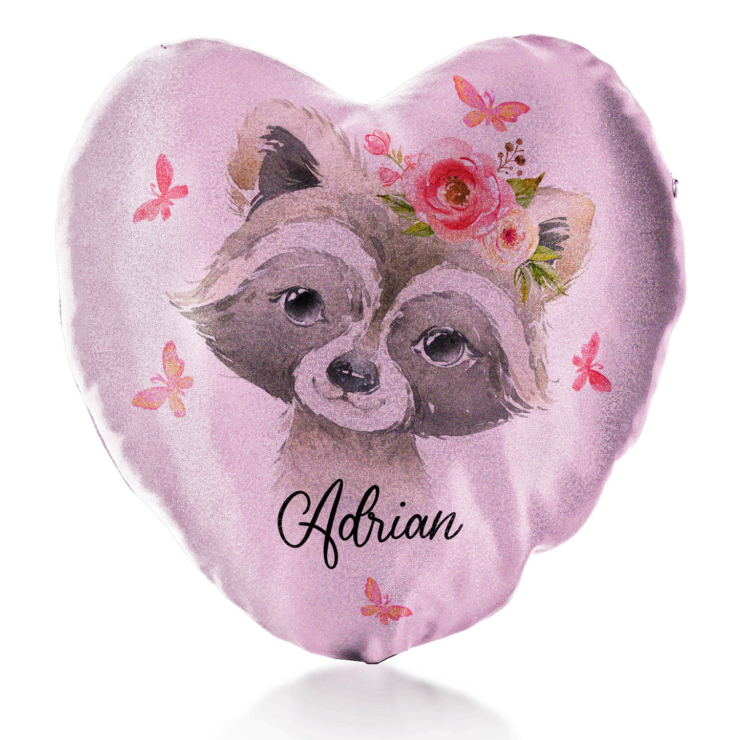 Personalised Glitter Heart Cushion with Raccoon Pink Butterfly Flowers and Cute Text