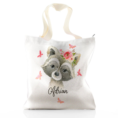 Personalised Glitter Tote Bag with Raccoon Pink Butterfly Flowers and Cute Text