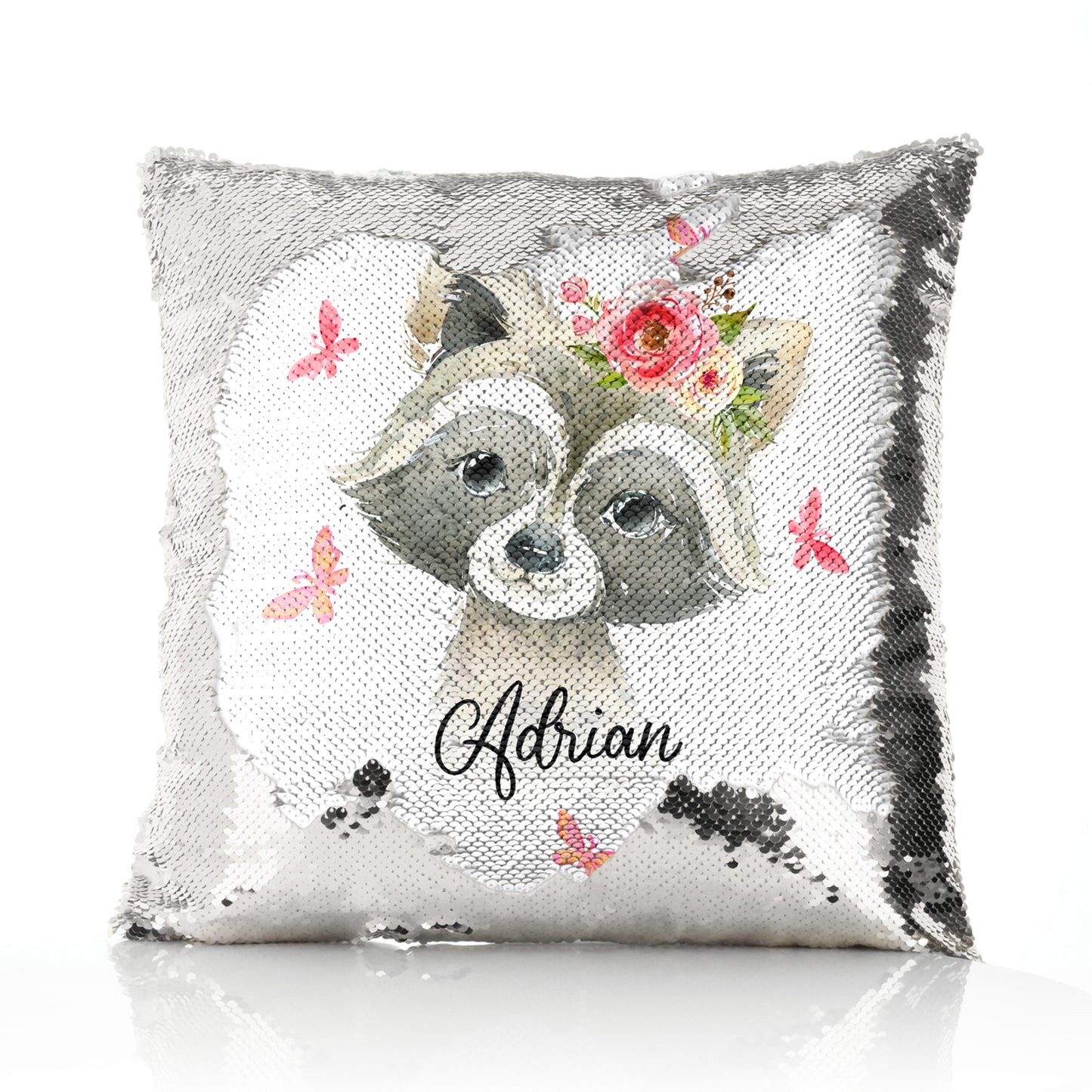 Personalised Sequin Cushion with Raccoon Pink Butterfly Flowers and Cute Text