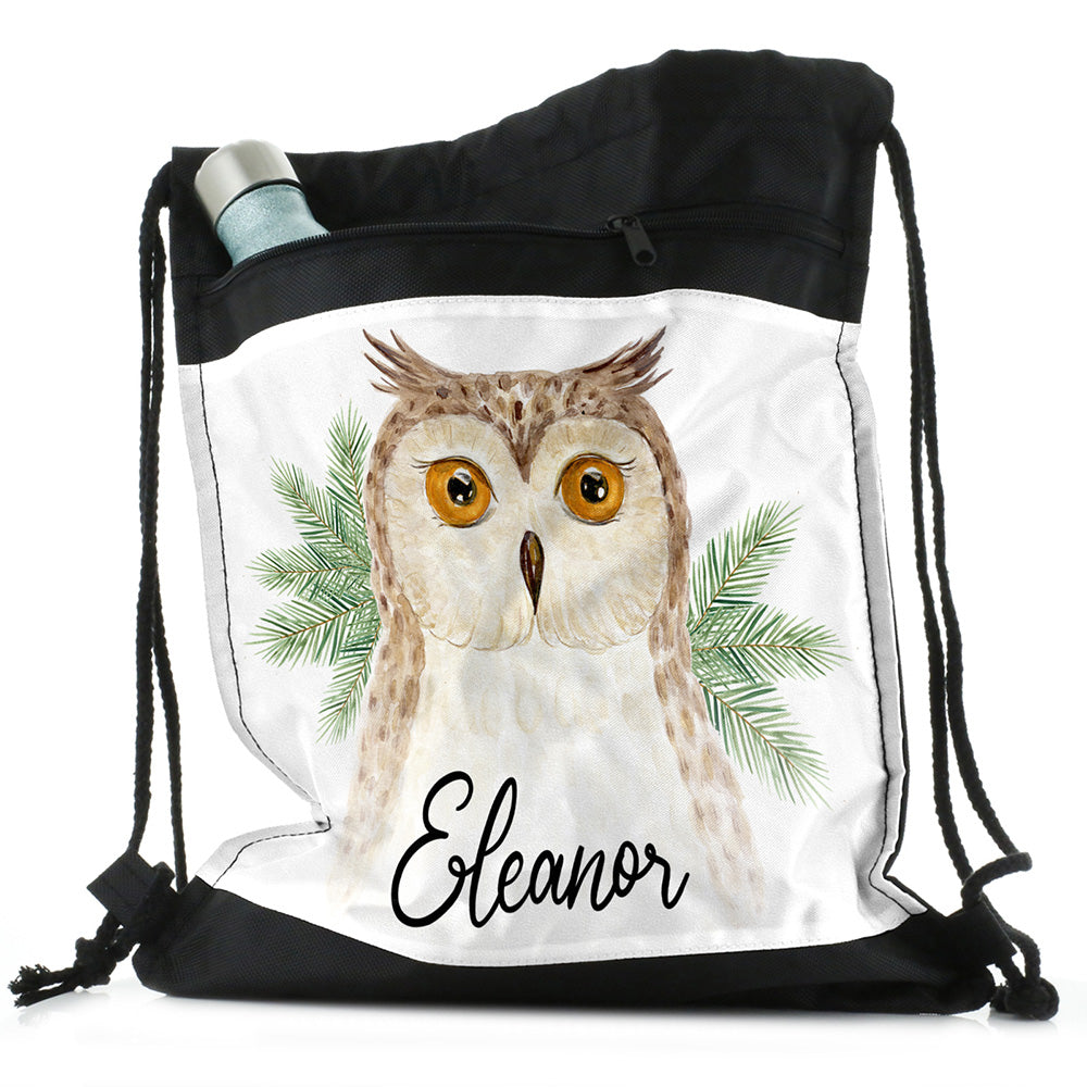Personalised Brown Owl Pine Tree and Name Black Drawstring Backpack