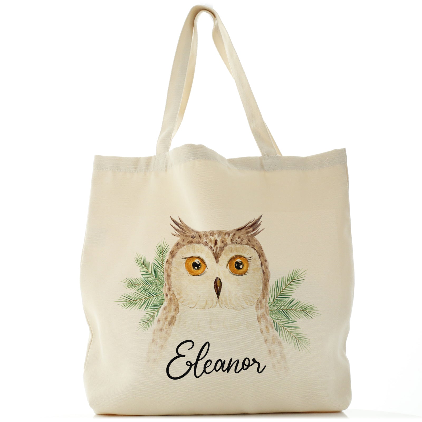 Personalised Canvas Tote Bag with Brown Owl Pine Tree and Cute Text