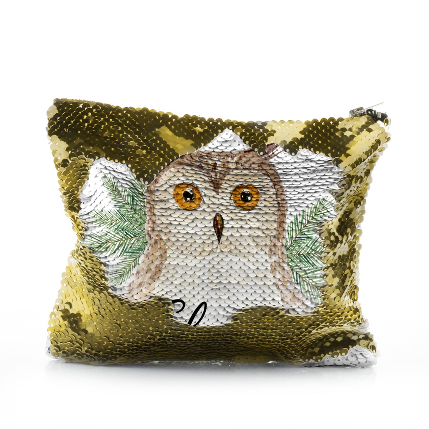Personalised Sequin Zip Bag with Brown Owl Pine Tree and Cute Text