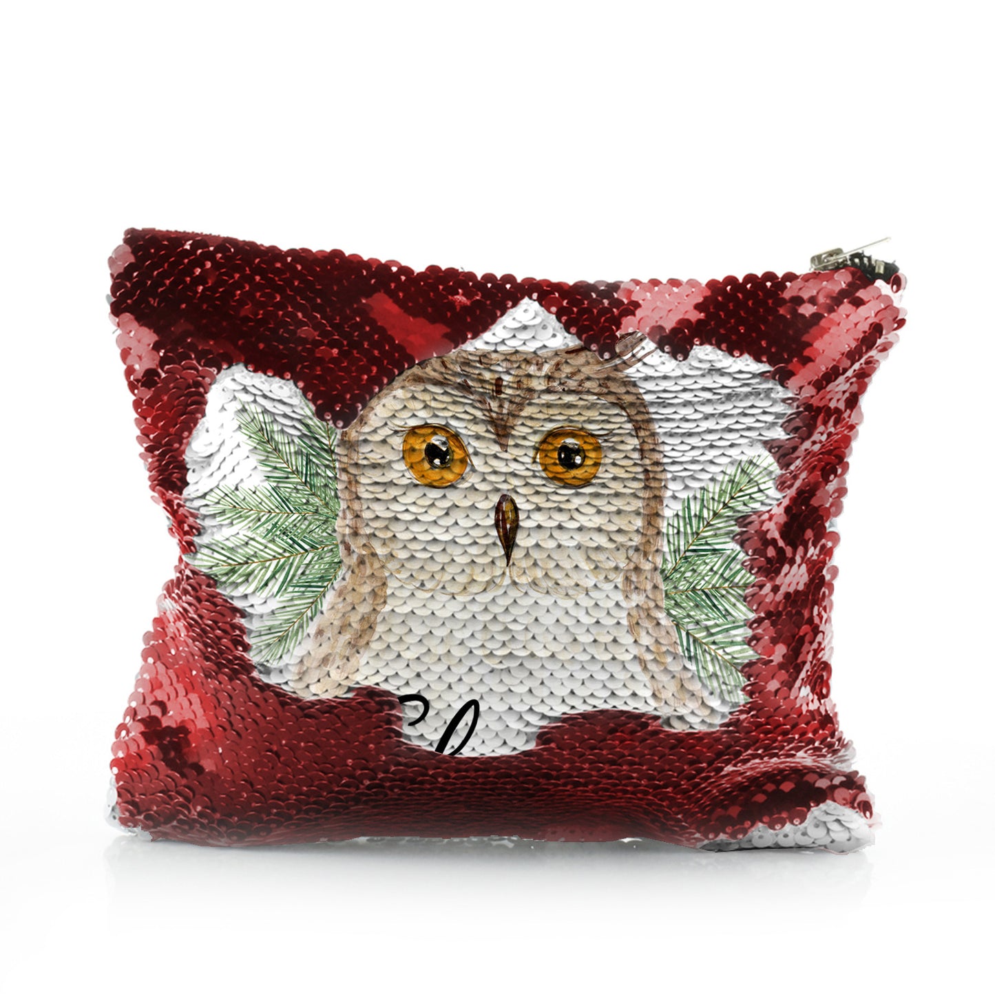 Personalised Sequin Zip Bag with Brown Owl Pine Tree and Cute Text
