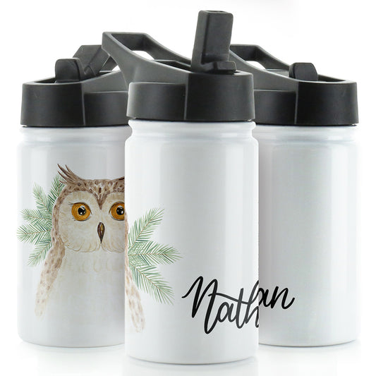 Personalisierter Brown Owl Pine Tree und Name White Sports Flask