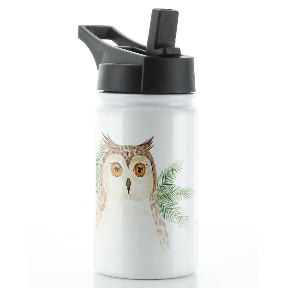 Personalised Brown Owl Pine Tree and Name White Sports Flask