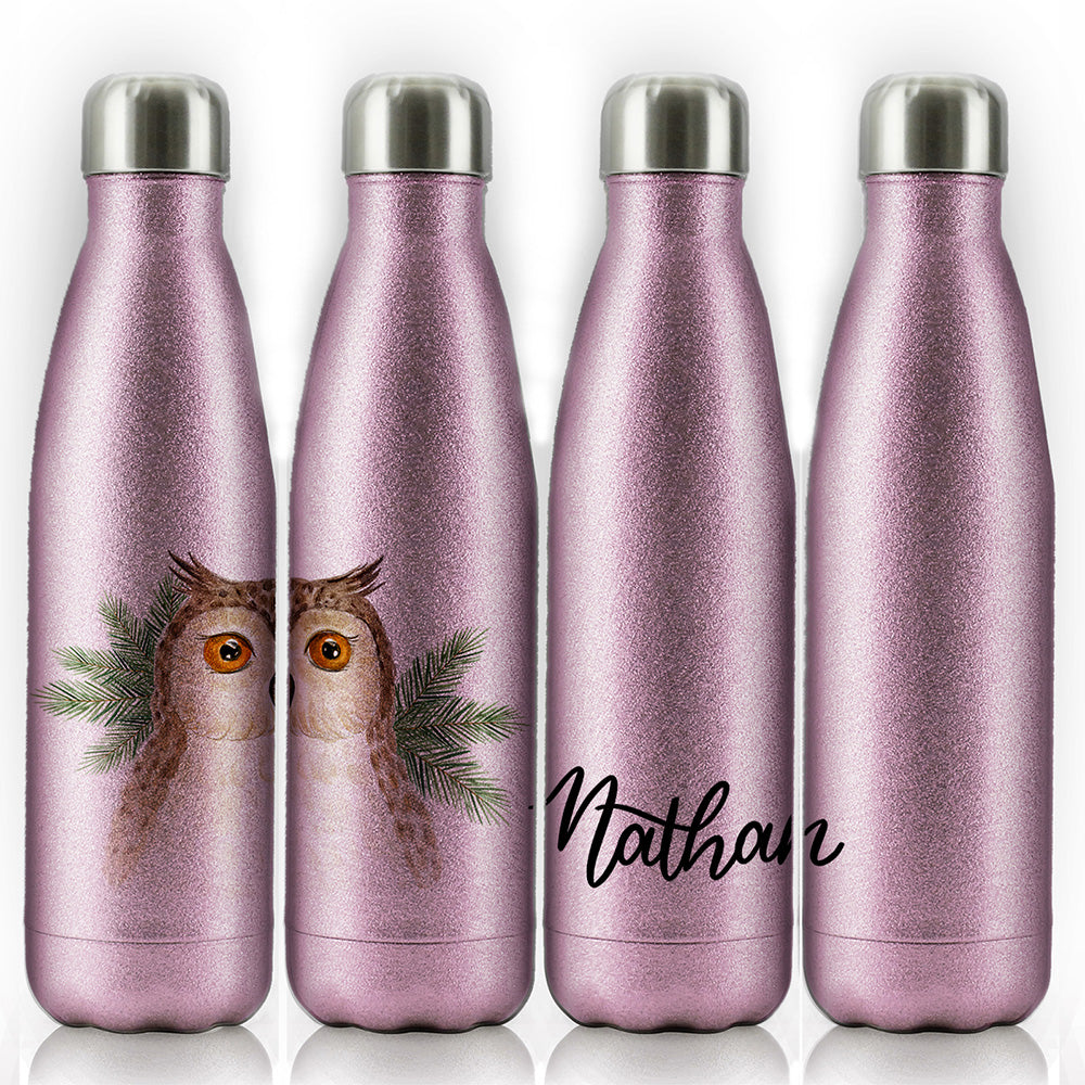 Personalised Brown Owl Pine Tree and Name Cola Bottle