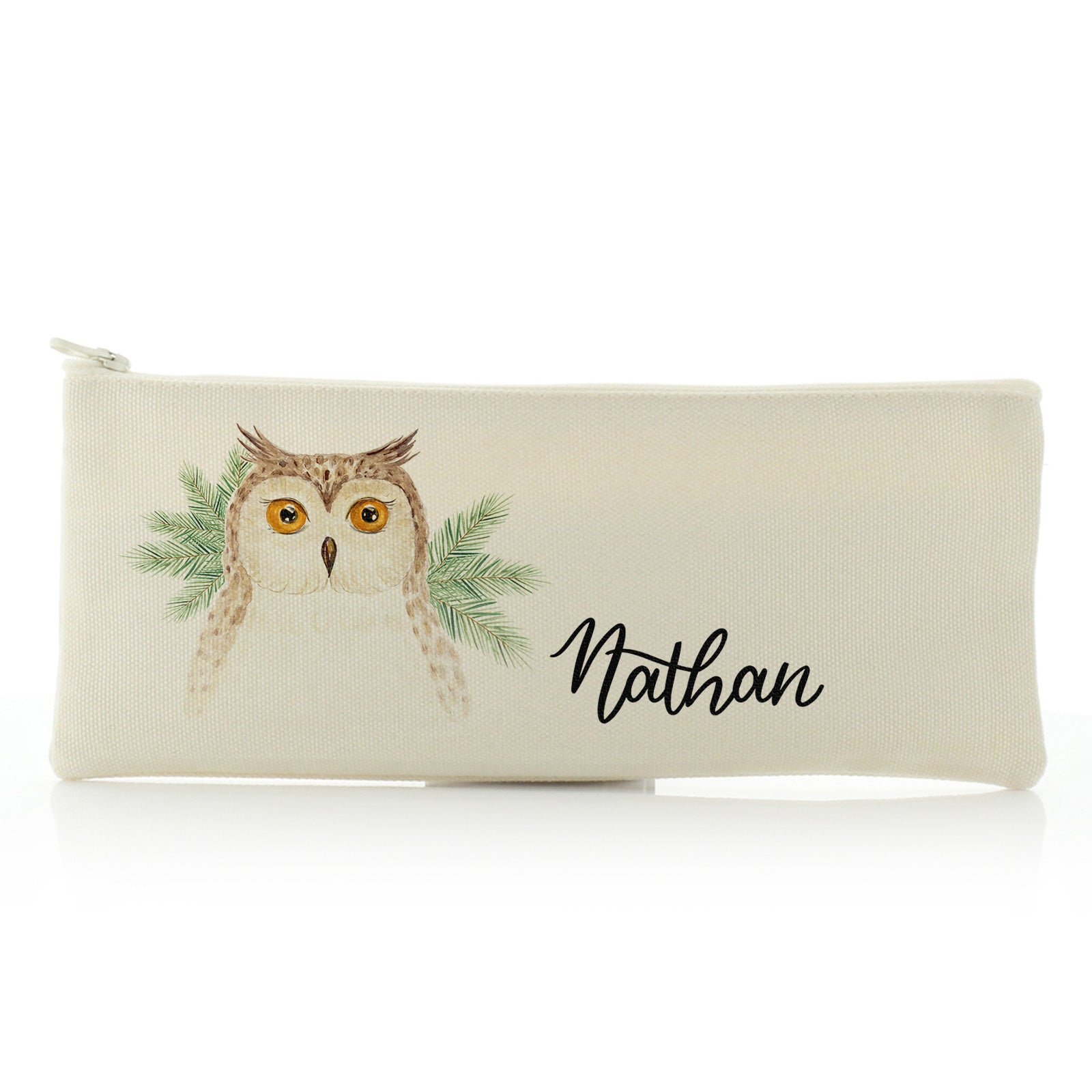 Personalised Canvas Zip Bag with Brown Owl Pine Tree and Cute Text